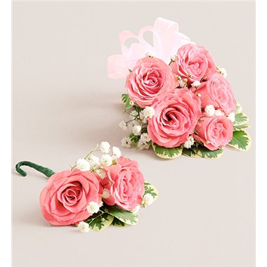 Pink Spray Corsage & Bout Light Pink Bow