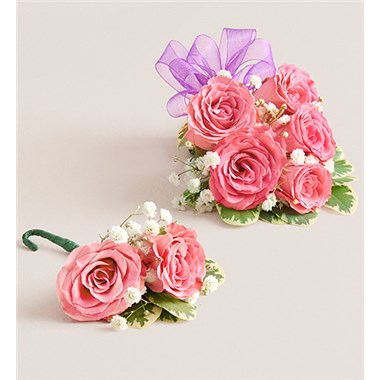 Pink Spray Corsage & Bout Purple Bow
